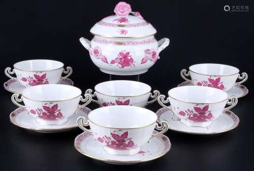 Herend Apponyi Purpur tureen with 6 soup cups, Deckelterrine...