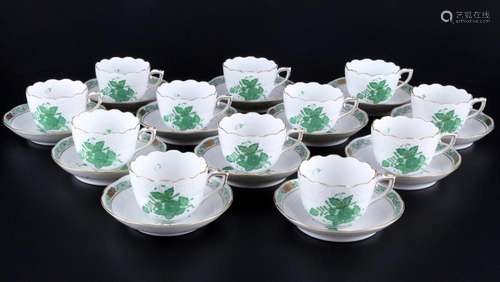 Herend Apponyi Vert 12 mocha coffee cups with saucers, Mokka...