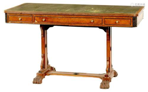 A LATE REGENCY AMBOYNA AND ROSEWOOD LIBRARY TABLE