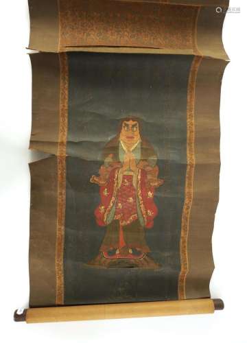 A 19TH CENTURY PAINTED CARICATURE CHINESE SCROLL OF A EMPERO...
