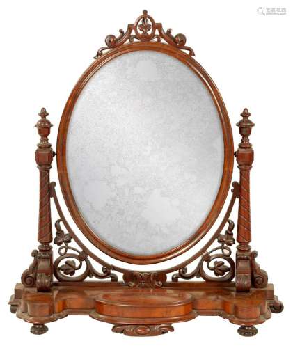 A LATE VICTORIAN FIGURED MAHOGANY DRESSING TABLE MIRROR