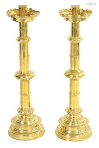 A PAIR OF LATE 19TH CENTURY BRASS OVERSIZED GOTHIC STYLE CAN...