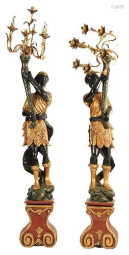 A PAIR OF 20TH CENTURY CARVED POLYCHROME BLACKAMOOR CARVED C...