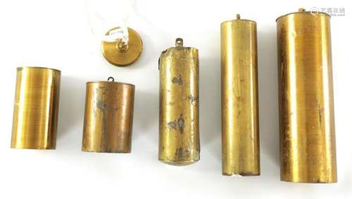 A SELECTION OF FIVE 19TH CENTURY BRASS CASED CLOCK WEIGHTS