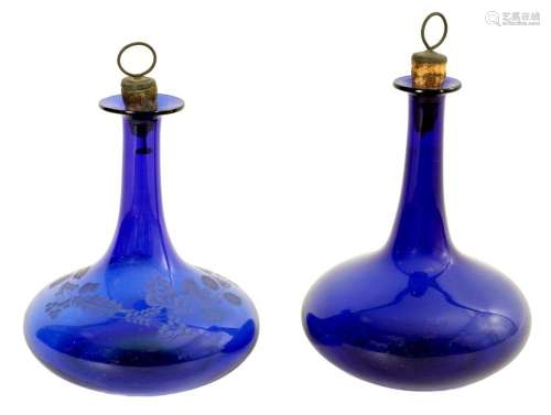 TWO 19TH CENTURY BRISTOL BLUE SPIRIT DECANTERS WITH STOPPERS