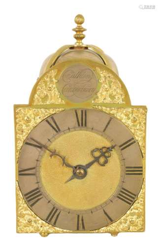 AN 18TH CENTURY BRASS LANTERN CLOCK WITH LATER MOVEMENT