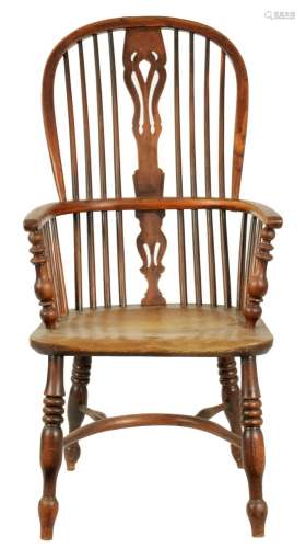 A 19TH CENTURY YEW WOOD AND ELM HIGH BACK WINDSOR CHAIR