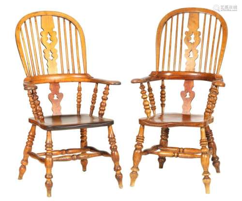 A PAIR OF 19TH CENTURY ASH AND ELM HIGH BACK BROAD ARM WINDS...