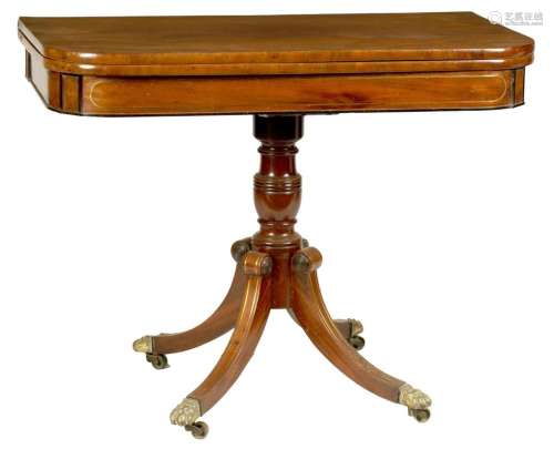 A REGENCY BRASS INLAID MAHOGANY FOLD-OVER TEA TABLE