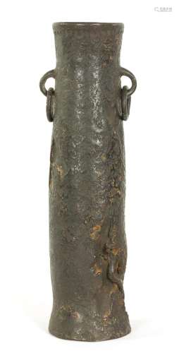 AN EARLY ORIENTAL CAST BRONZE CYLINDRICAL VASE