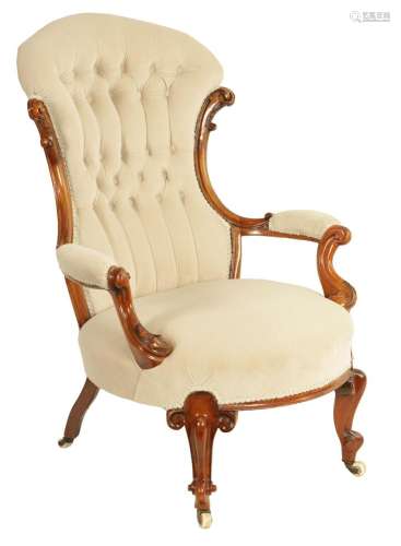 A 19TH CENTURY WALNUT UPHOLSTERED DRAWING ROOM CHAIR