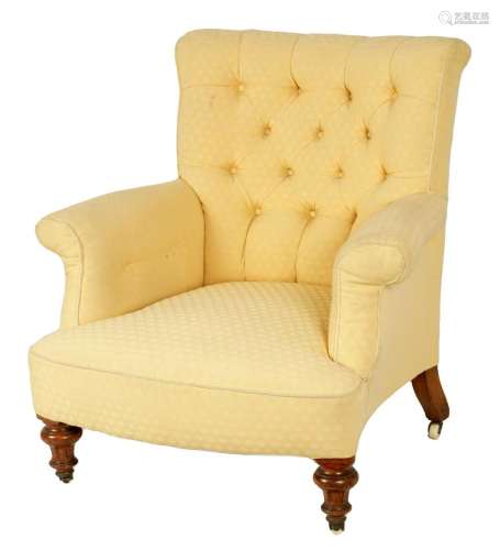 A 19TH CENTURY UPHOLSTERED ARMCHAIR