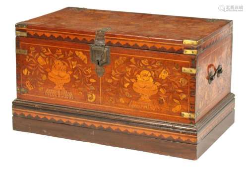 AN 18TH CENTURY INDO-DUTCH WALNUT AND MARQUETRY INLAID TRUNK