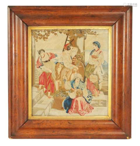 A 19TH CENTURY POLLARD OAK CUSHION FRAME WITH TAPESTRY PANEL
