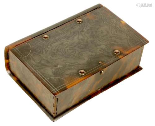 A 19TH CENTURY TORTOISESHELL BOX IN THE FORM OF A BOOK