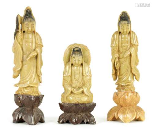 THREE LATE 19TH CENTURY CHINESE CARVED SOAPSTONE FIGURES