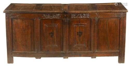 A LARGE 17TH CENTURY FOUR PANEL OAK DATED COFFER