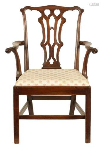 A GEORGE III MAHOGANY CHIPPENDALE STYLE OPEN ARMCHAIR