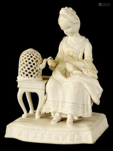 AN 18TH/EARLY 19TH CENTURY BISQUE PORCELAIN SEATED LADY FIGU...