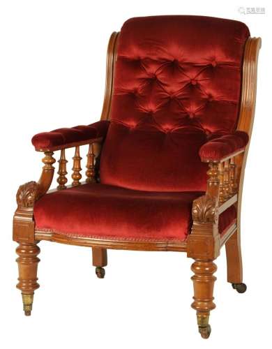 A VICTORIAN MAHOGANY BUTTON UPHOLSTERED LIBRARY CHAIR