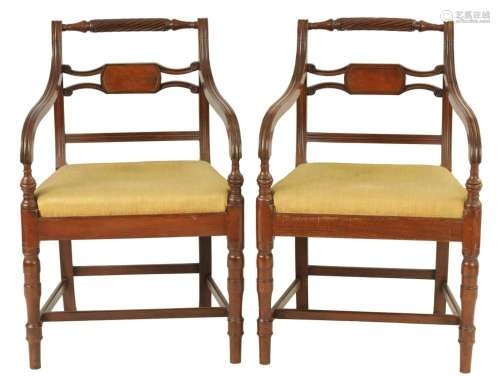 A PAIR OF REGENCY MAHOGANY BRASS INLAID OPEN ARMCHAIRS