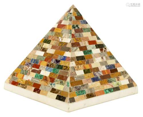 A 19TH CENTURY STYLE COLOURED HARDSTONE PYRAMID