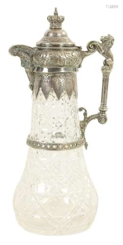 A LATE 19TH CENTURY CUT GLASS SILVER PLATED CLARET JUG