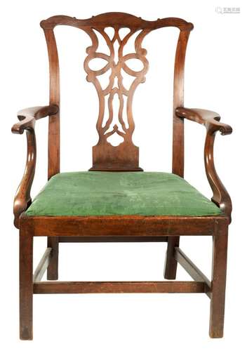 AN EARLY GEORGE III CHIPPENDALE DESIGN MAHOGANY OPEN ARM CHA...