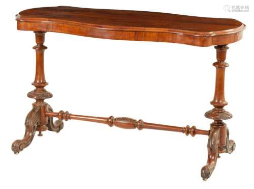 A 19TH CENTURY FIGURED ROSEWOOD CENTRE TABLE OF BOW SIDED SE...