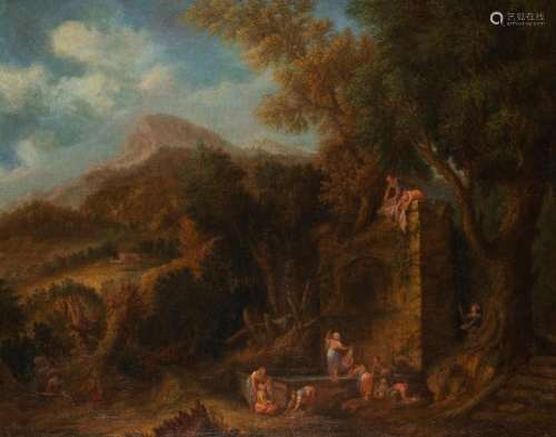 GASPARD POUSSIN (DUGHET) (ATTR.) HÜGELIGE LANDSCHAFT MIT WÄS...