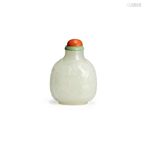 A FINE AND RARE CARVED WHITE JADE SNUFF BOTTLE 1750-1800