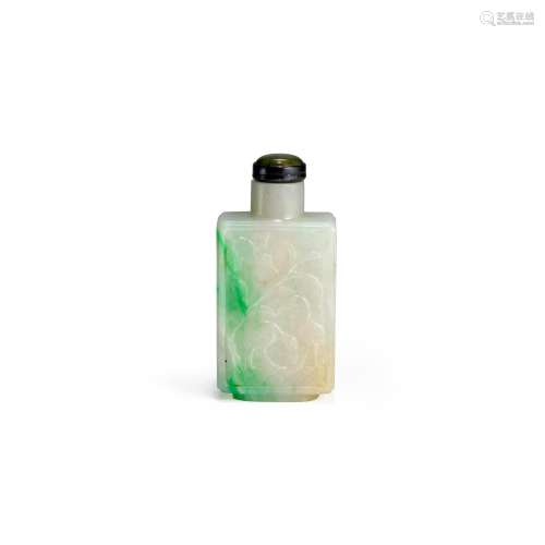 AN APPLE-GREEN AND WHITE CARVED JADEITE SNUFF BOTTLE 1780-18...