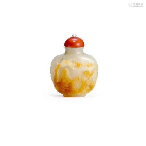A CARVED WHITE JADE SNUFF BOTTLE WITH RUSSET SKIN Possibly i...