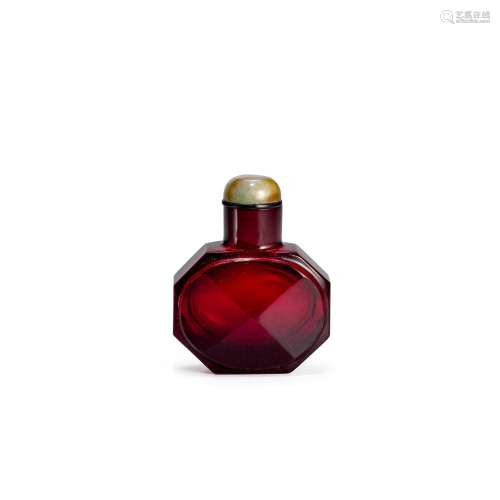 A RUBY-RED OCTAGONAL FACETED GLASS SNUFF BOTTLE Imperial, at...