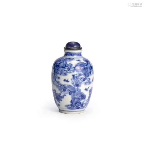 A BLUE AND WHITE PORCELAIN SNUFF BOTTLE Attributed to Jingde...
