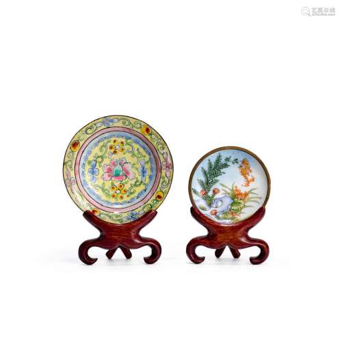 TWO ENAMEL ON METAL SNUFF DISHES 20th century
