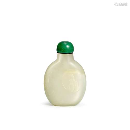 AN EXCEPTIONAL CARVED WHITE JADE SNUFF BOTTLE Possibly imper...