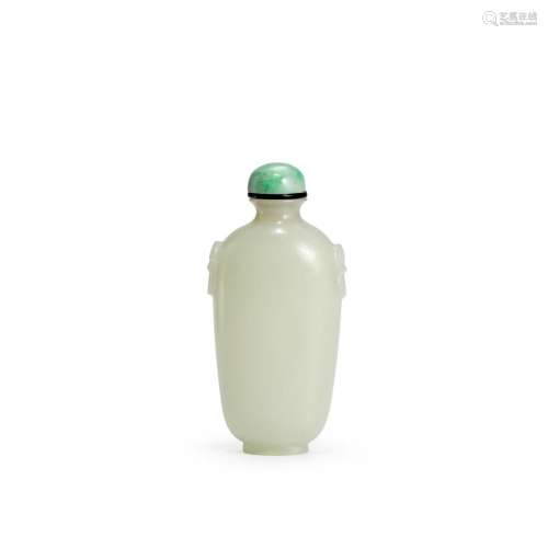A WHITE JADE SNUFF BOTTLE WITH MASK HANDLES 1750-1800