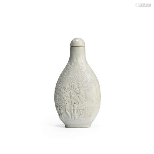 AN IMPORTANT CARVED LANDSCAPE PORCELAIN SNUFF BOTTLE Chen Gu...