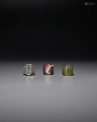 ONE RUTILATED CRYSTAL AND TWO AGATE ARCHER'S RINGS 19th ...