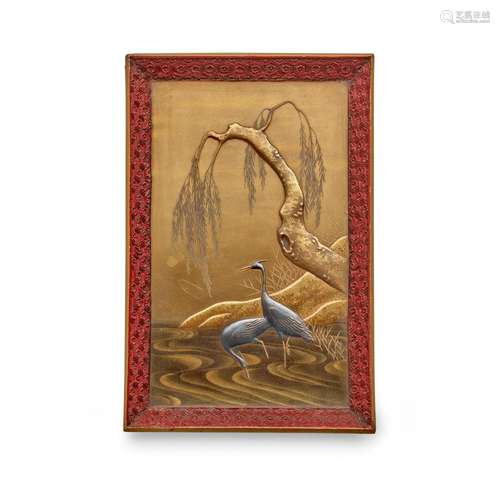 A SMALL LACQUER TRAY DEPICTING EGRETS UNDER A WILLOW TREE Ed...