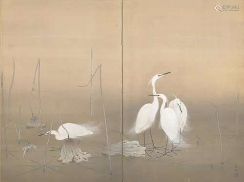 INODA SEII (1906-1975) Egrets and Lotus Flowers Showa era (1...