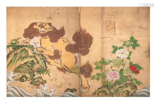 ANONYMOUS (19TH CENTURY) Shishi Lion-Dog and Peonies Edo per...