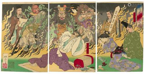 TSUKIOKA YOSHITOSHI (1839-1892) A Woodblock Print Triptych a...