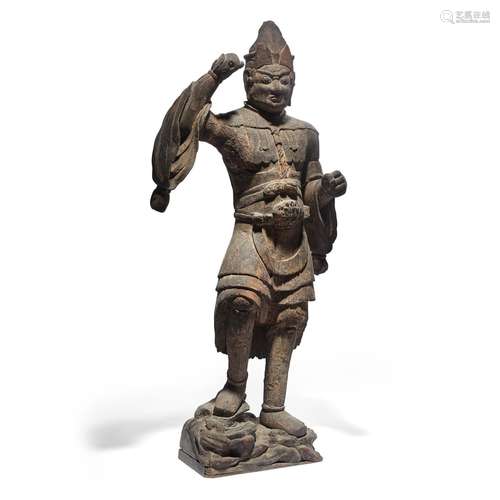 A LARGE WOOD FIGURE OF TAMONTEN Heian period (794-1185), 10t...