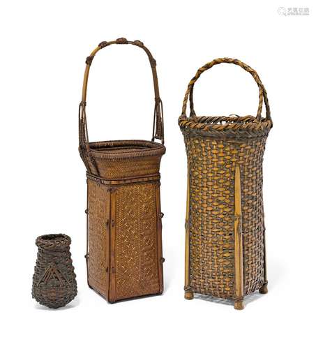 THREE BAMBOO FLOWER BASKETS Taisho (1912-1926) or Showa (192...