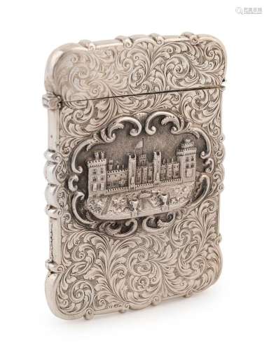 An antique English silver castle top calling card case, stam...