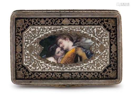 A Continental silver enamelled box with a scene depicting lo...