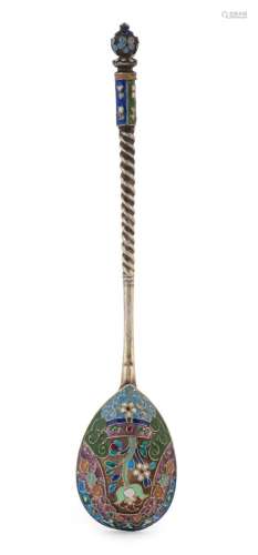 A superb Imperial Russian gilded silver and enamel spoon, ha...
