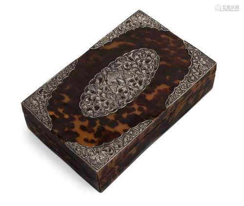 An antique box, tortoiseshell with fine silver mounts and ce...